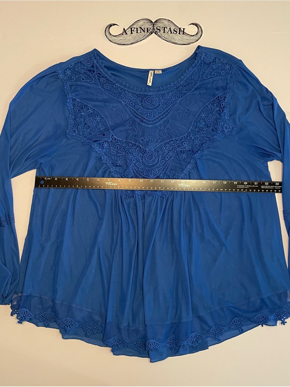 Ultra Pink Crochet Lace Blouse Royal Blue Babydoll Bell Sleeve Mesh Layered 1X